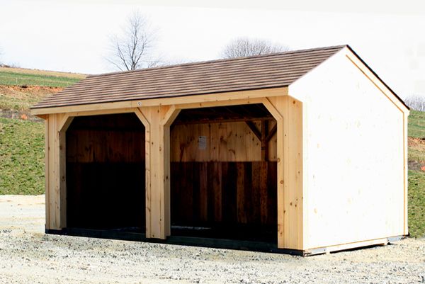 10x20 Run-in Horse Barn , Unstained Siding, Shingles & Two 8x7 Openings