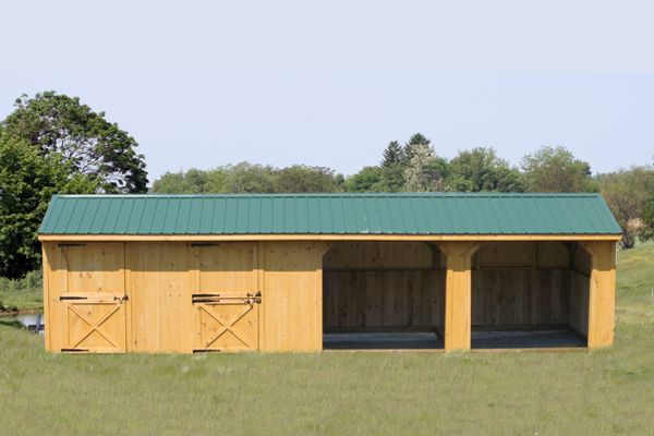 10X36 Wood Horse Barn, Run-in Shed with Metal Roof, Stall & Tack, Clear Stain