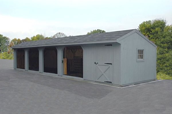 10X48 Wood Horse Barn, Run-in Shed with 6' Tack, Shingles, 4 Openings