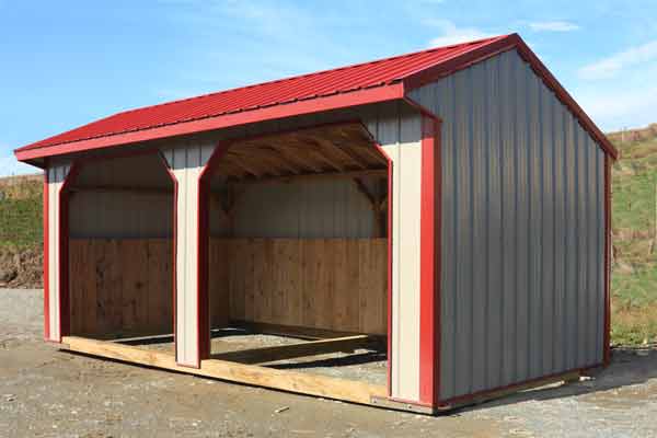 10x20 Horse Barn, Metal Run-in Shed,  Siding & Roof,  Grey with Red Trim 