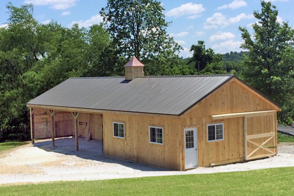 12x60 Shed Row Horse Barn with Partially Enclosed Overhang