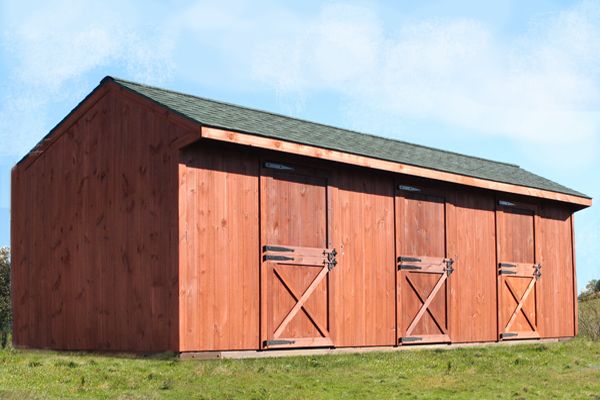 Stained 12x36 Wood Shed Row Horse Barn, Shingle Roof, 3 Stalls