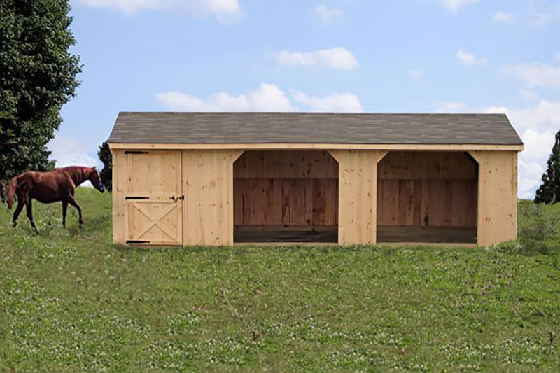 10X30 Horse Barn, Wood Run-in Shed with 6' Tack Rm & Shingled Roof 
