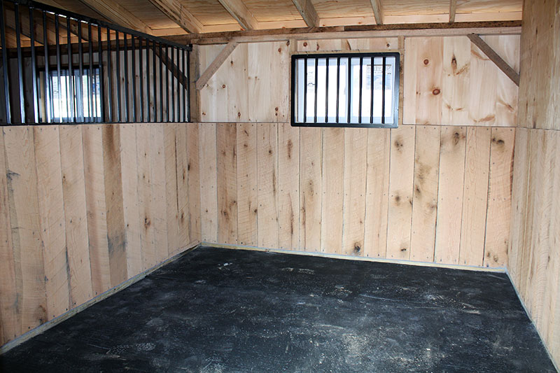  Shed Row Horse Barn Stall Inside with Oak Kick Board, 3x4 Vinyl Window & Divider