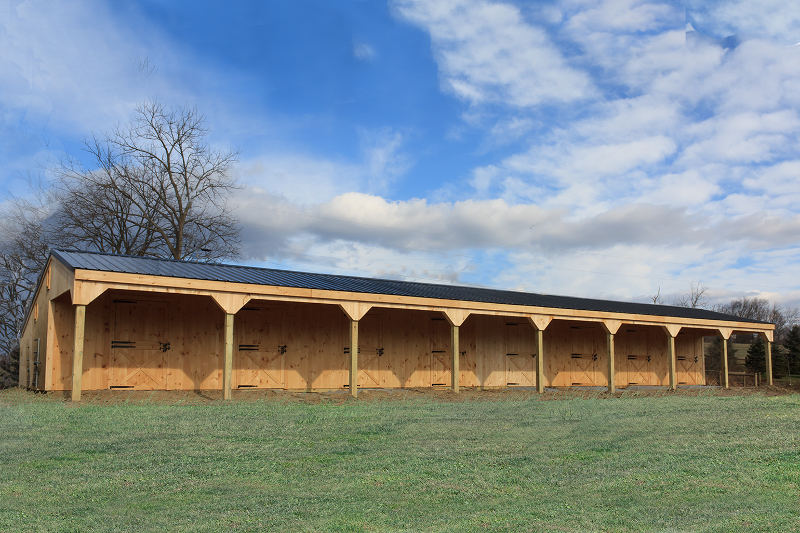 12' x 80' Wood Shed Row Horse Barn, 10' Overhang, Tack & Storage, 6 Stalls